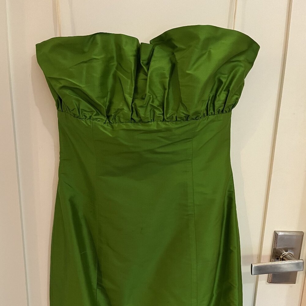 Pam Chorley - Vintage Fashion Crimes strapless, silk, green dress. Size medium.